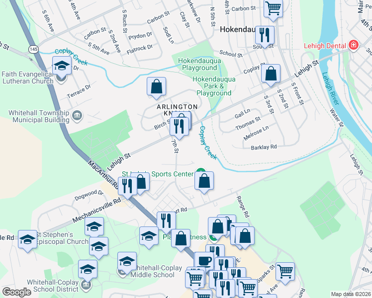 map of restaurants, bars, coffee shops, grocery stores, and more near 3259-3351 7th Street in Hokendauqua
