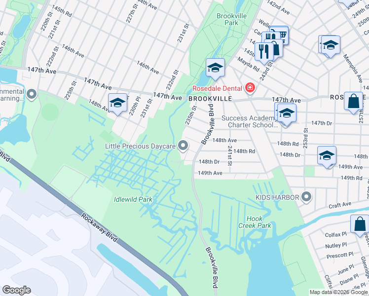 map of restaurants, bars, coffee shops, grocery stores, and more near 235-15 Bentley Road in Queens