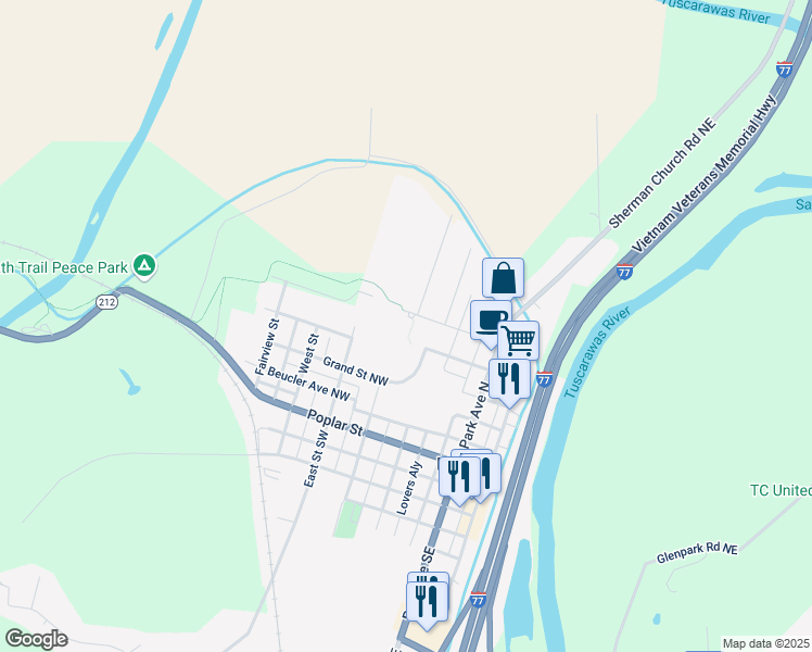 map of restaurants, bars, coffee shops, grocery stores, and more near 221 Poplar Street in Bolivar