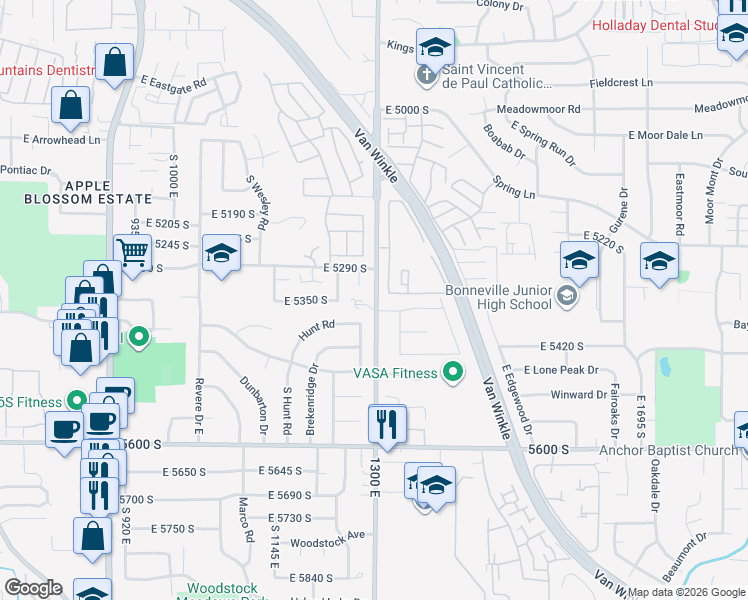 map of restaurants, bars, coffee shops, grocery stores, and more near 5342 South 1300 East in Salt Lake City