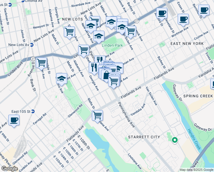 map of restaurants, bars, coffee shops, grocery stores, and more near 922 Pennsylvania Avenue in Brooklyn