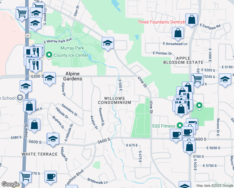 map of restaurants, bars, coffee shops, grocery stores, and more near 440 East Creekside Circle in Murray