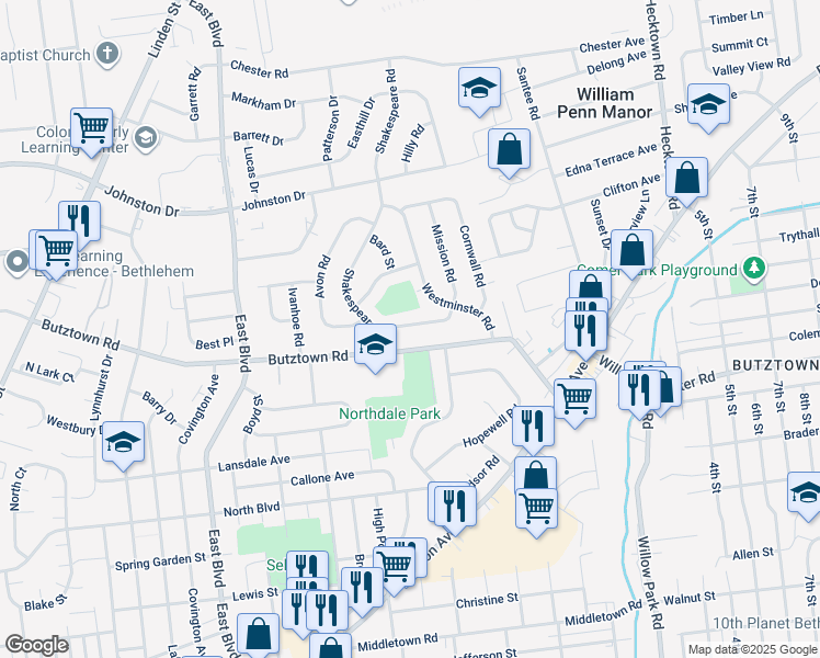 map of restaurants, bars, coffee shops, grocery stores, and more near 1944 Woodbury Road in Bethlehem