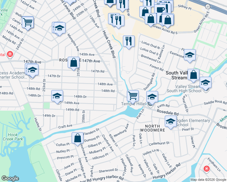 map of restaurants, bars, coffee shops, grocery stores, and more near 259-81 148th Road in Queens