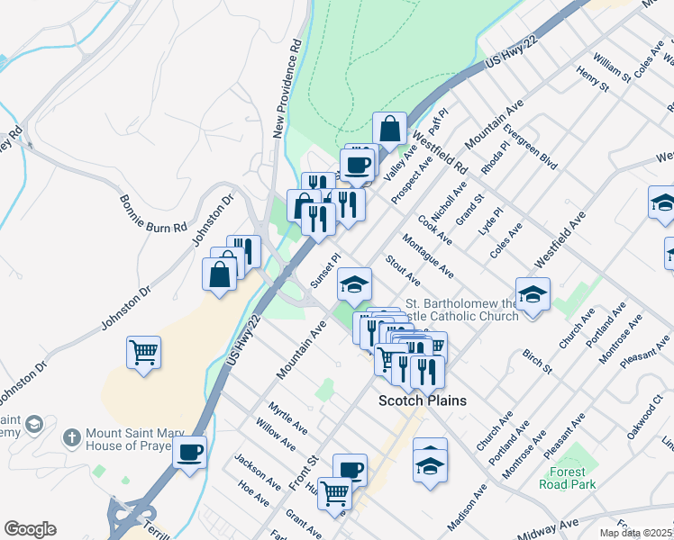map of restaurants, bars, coffee shops, grocery stores, and more near 242 Union Avenue in Scotch Plains