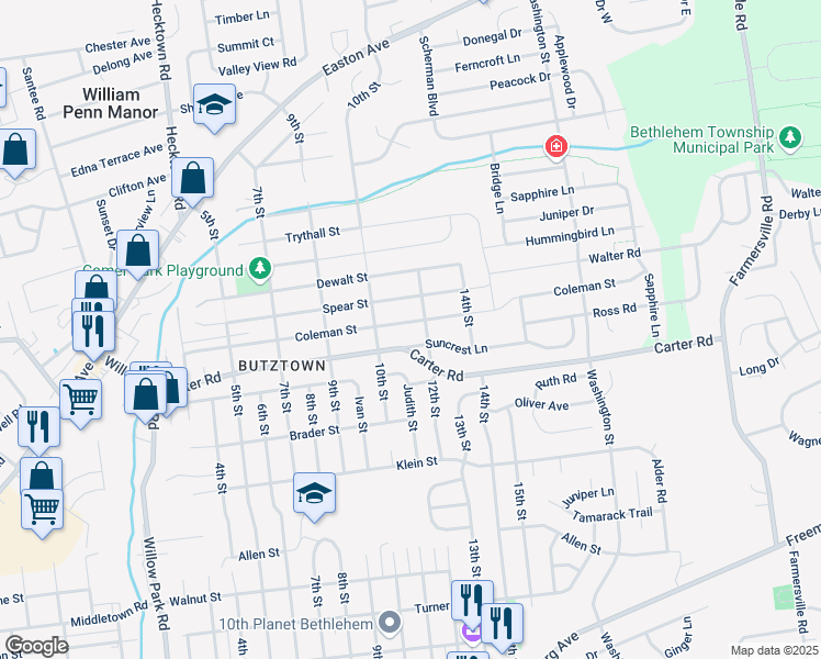 map of restaurants, bars, coffee shops, grocery stores, and more near 3850 Coleman Street in Bethlehem