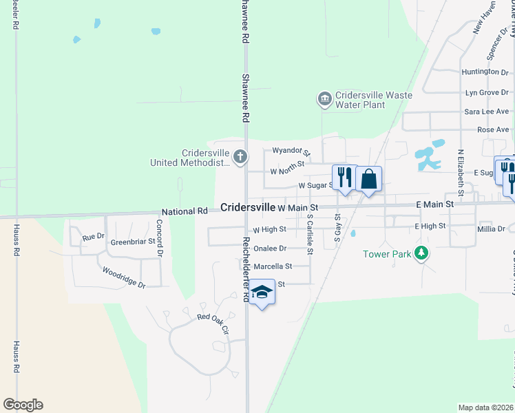 map of restaurants, bars, coffee shops, grocery stores, and more near 400 West Main Street in Cridersville