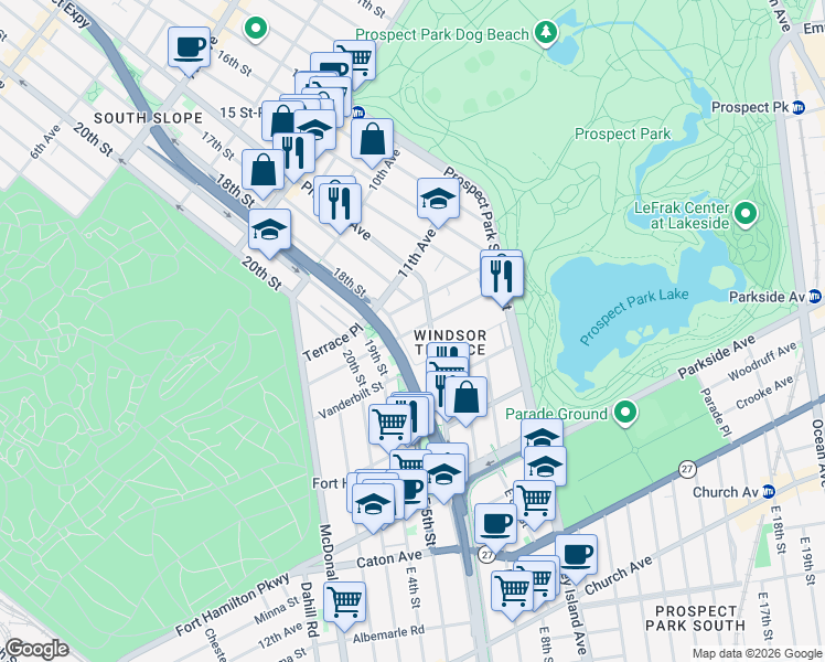 map of restaurants, bars, coffee shops, grocery stores, and more near Seeley Street in Brooklyn