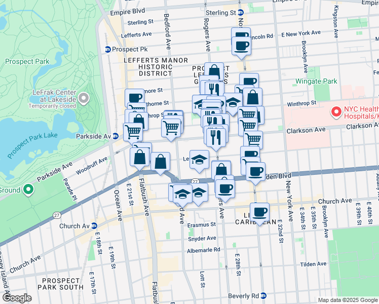 map of restaurants, bars, coffee shops, grocery stores, and more near 125 Lenox Road in Brooklyn