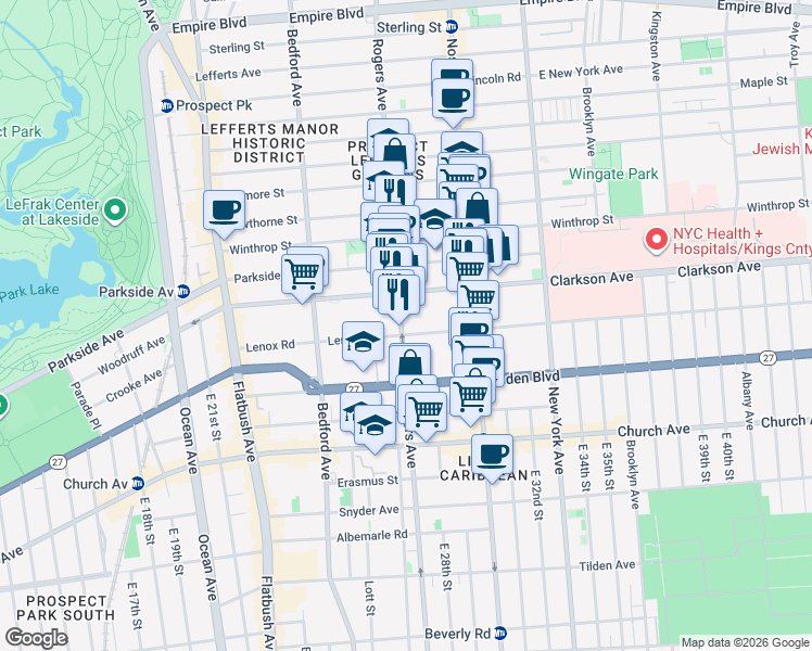 map of restaurants, bars, coffee shops, grocery stores, and more near 690 Rogers Avenue in Brooklyn
