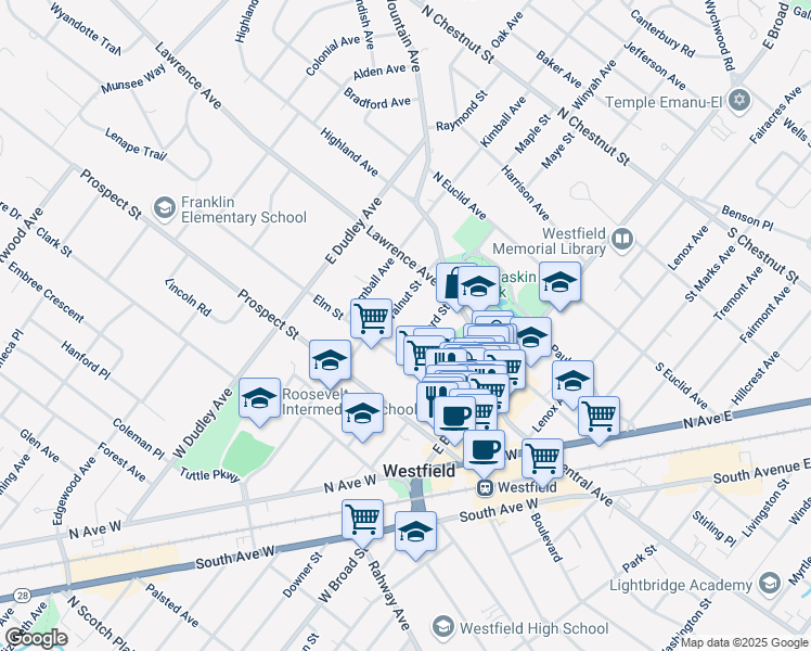 map of restaurants, bars, coffee shops, grocery stores, and more near 200 Elm Street in Westfield
