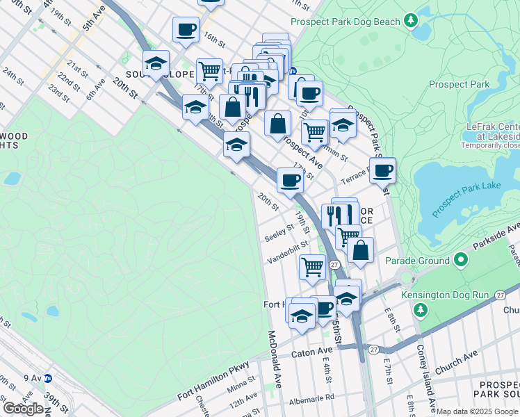 map of restaurants, bars, coffee shops, grocery stores, and more near 25 McDonald Avenue in Brooklyn