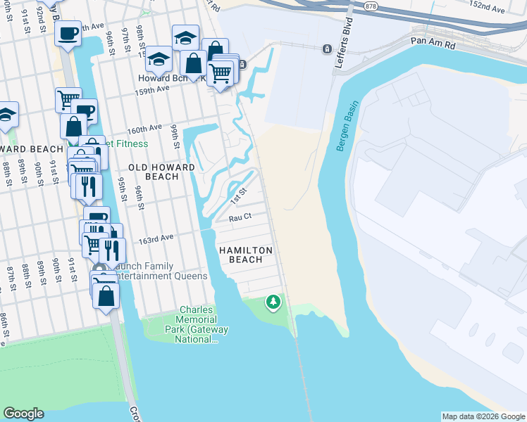 map of restaurants, bars, coffee shops, grocery stores, and more near 162-28 104th Street in Queens