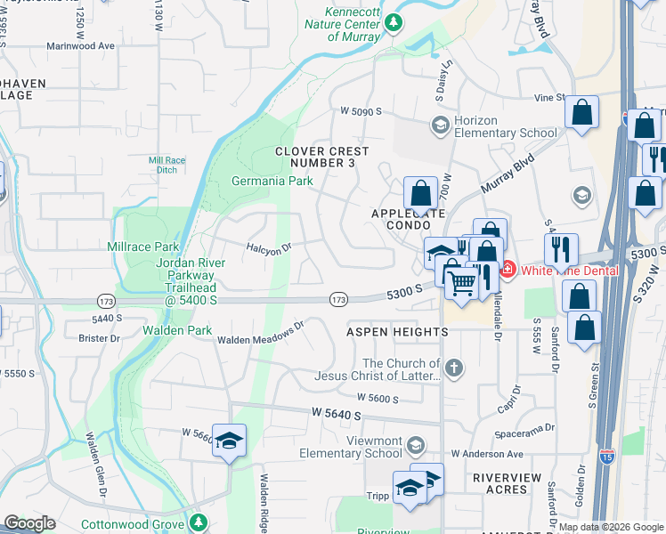 map of restaurants, bars, coffee shops, grocery stores, and more near 5386 Clover Meadow Drive in Murray