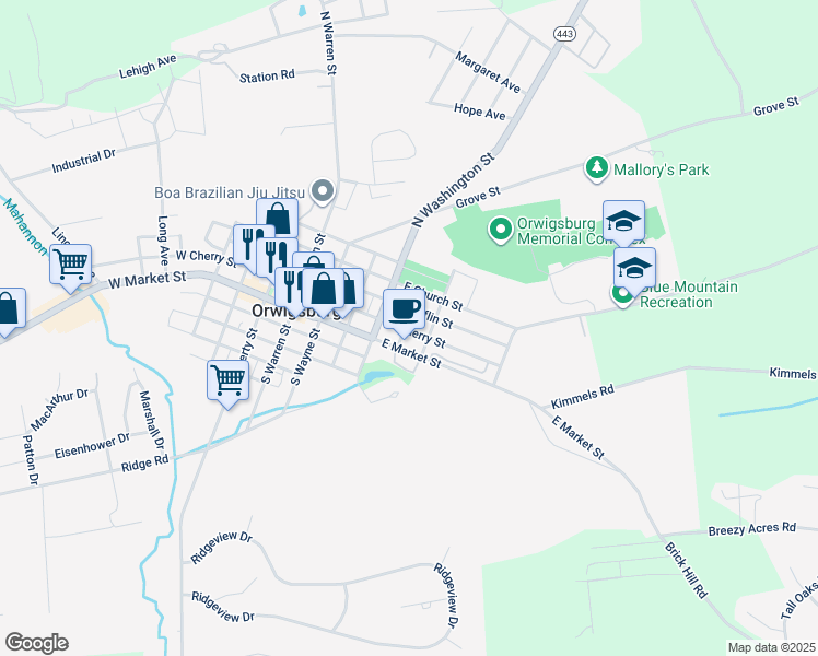 map of restaurants, bars, coffee shops, grocery stores, and more near 122 Columbia Street in Orwigsburg