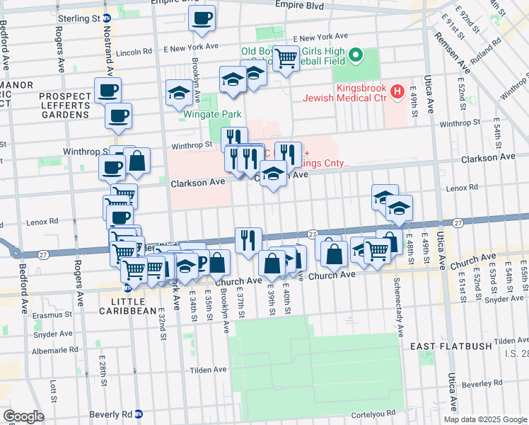 map of restaurants, bars, coffee shops, grocery stores, and more near 127 East 39th Street in Brooklyn