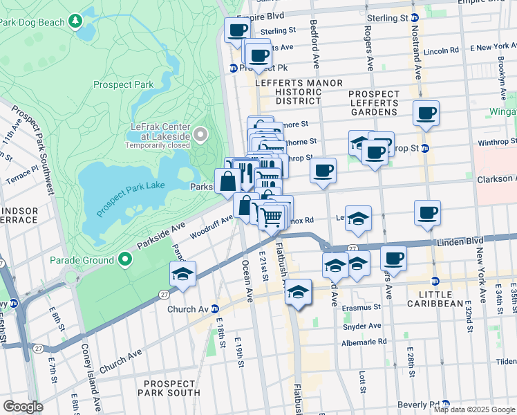map of restaurants, bars, coffee shops, grocery stores, and more near 160 Woodruff Avenue in Brooklyn