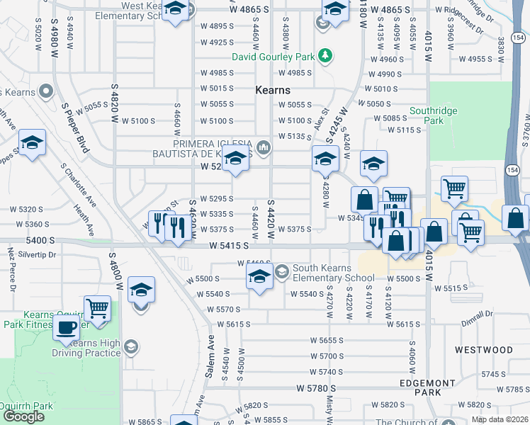 map of restaurants, bars, coffee shops, grocery stores, and more near 5330 South 4460 West in Kearns