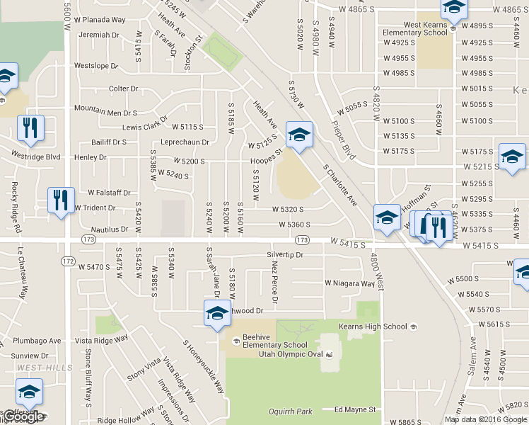 map of restaurants, bars, coffee shops, grocery stores, and more near 5089 West 5320 South in Kearns