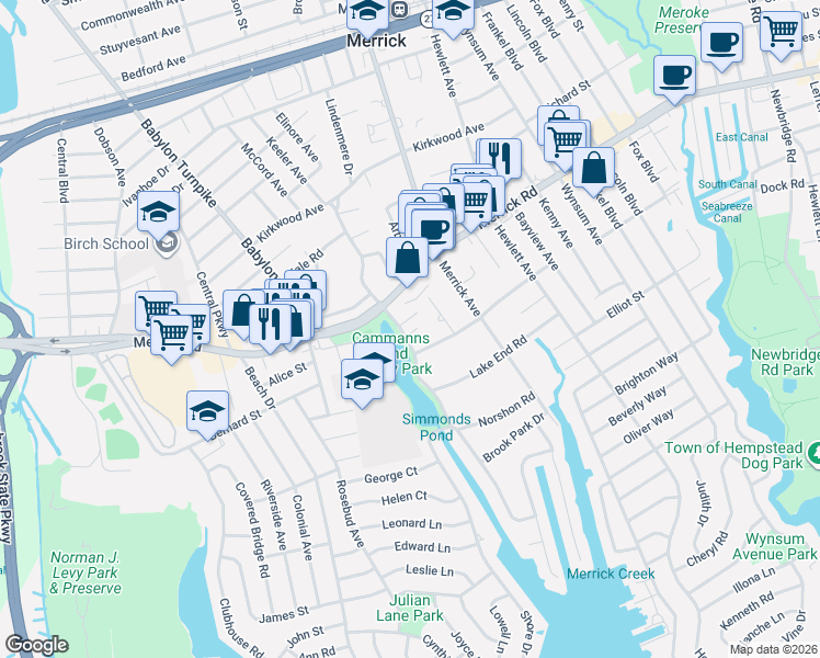 map of restaurants, bars, coffee shops, grocery stores, and more near 6 Bonnie Court in Merrick
