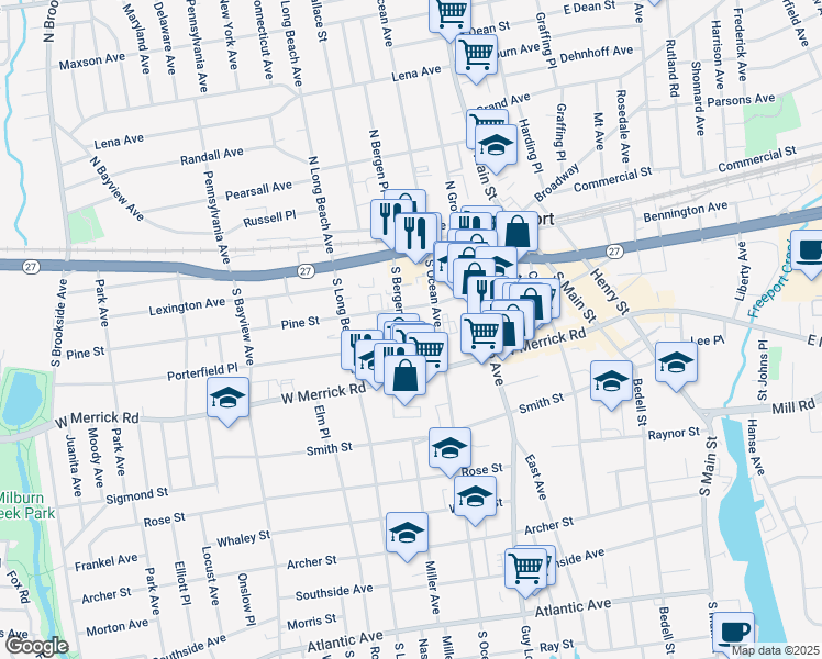 map of restaurants, bars, coffee shops, grocery stores, and more near 100 South Ocean Avenue in Freeport