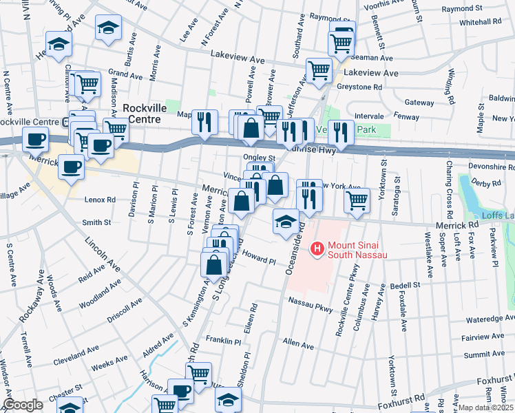 map of restaurants, bars, coffee shops, grocery stores, and more near 555 Merrick Road in Rockville Centre