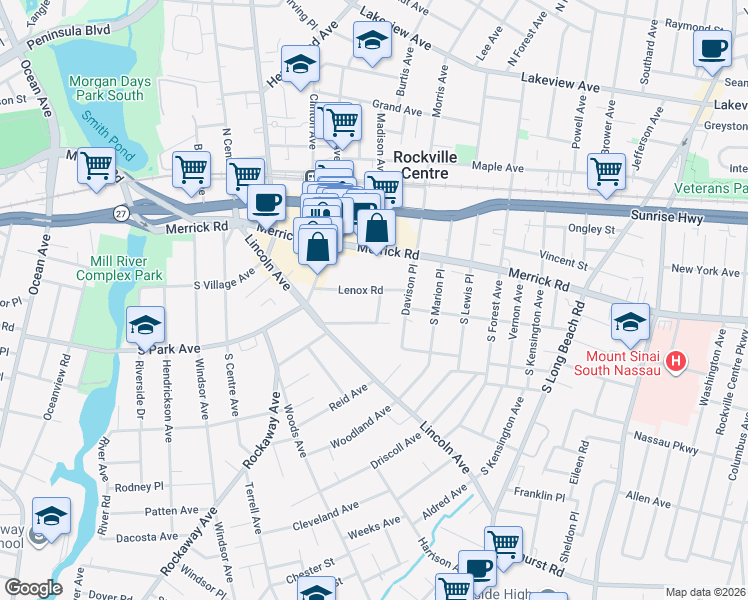 map of restaurants, bars, coffee shops, grocery stores, and more near 50 Lenox Road in Rockville Centre