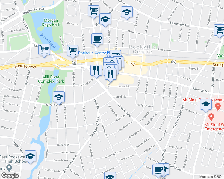 map of restaurants, bars, coffee shops, grocery stores, and more near 10 Lenox Road in Rockville Centre