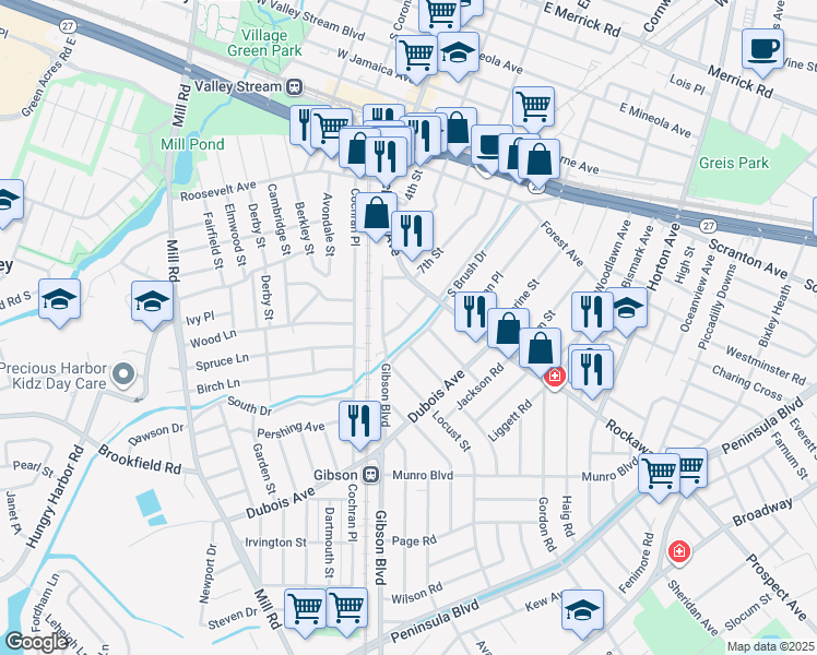 map of restaurants, bars, coffee shops, grocery stores, and more near 38 Sandalwood Avenue in Valley Stream
