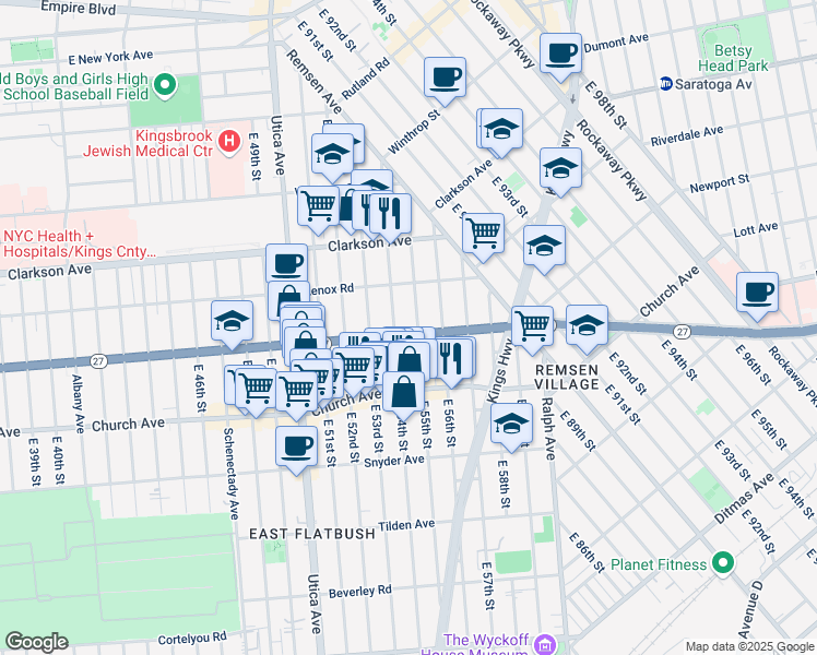 map of restaurants, bars, coffee shops, grocery stores, and more near 150 East 55th Street in Brooklyn