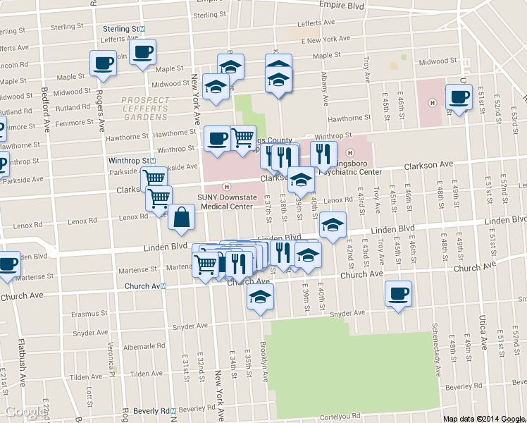 map of restaurants, bars, coffee shops, grocery stores, and more near 450 Lenox Road in Brooklyn