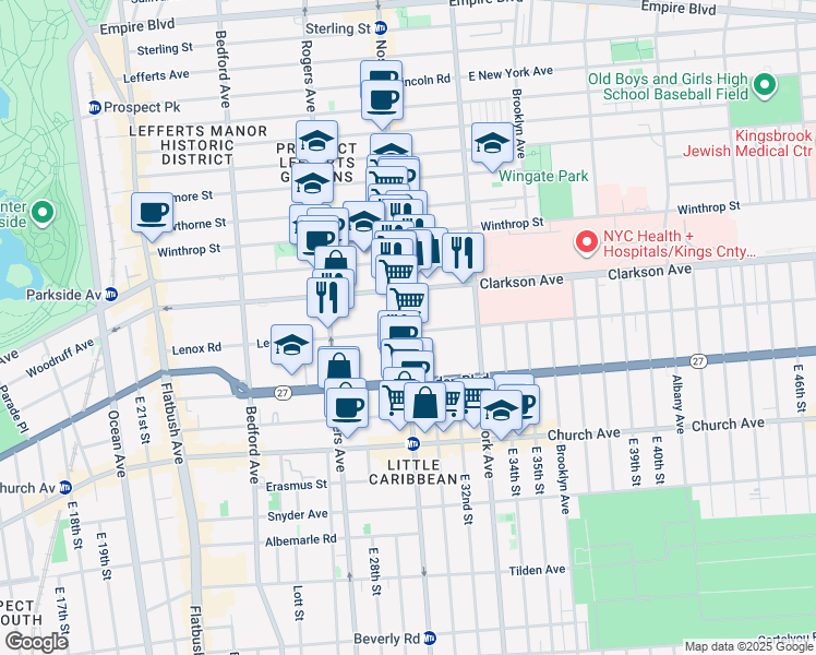 map of restaurants, bars, coffee shops, grocery stores, and more near 1308 Nostrand Avenue in Brooklyn