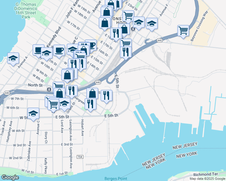 map of restaurants, bars, coffee shops, grocery stores, and more near 103 Oak Street in Bayonne