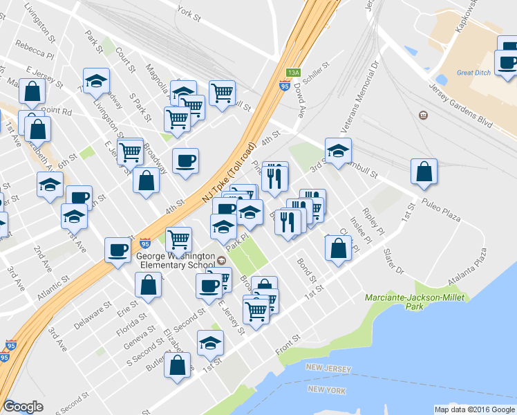 map of restaurants, bars, coffee shops, grocery stores, and more near 210 3rd Street in Elizabeth