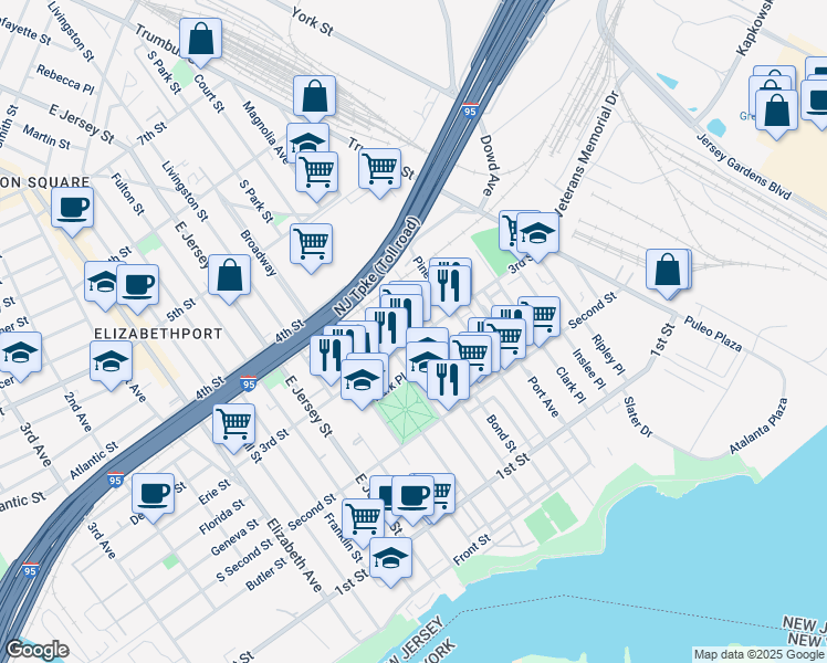 map of restaurants, bars, coffee shops, grocery stores, and more near 210 3rd Street in Elizabeth