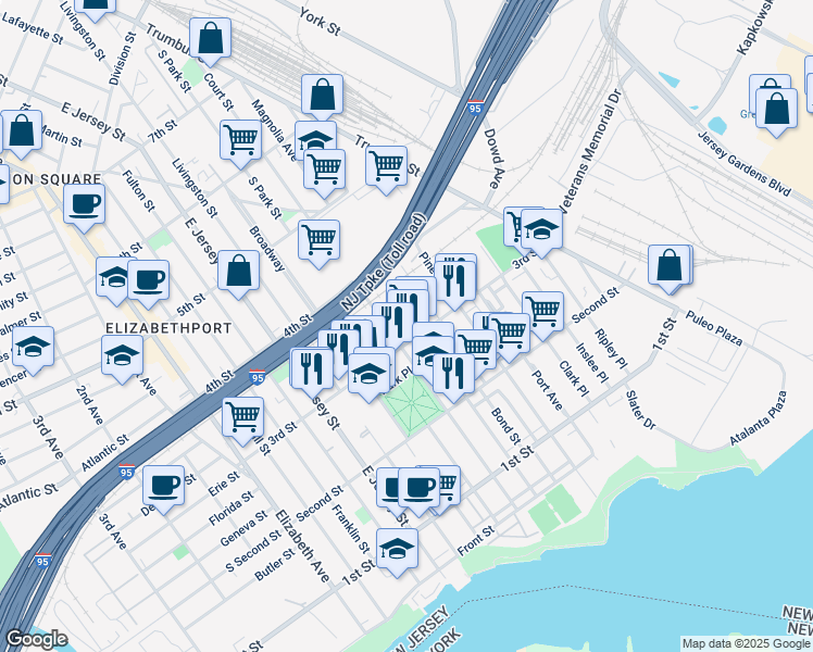 map of restaurants, bars, coffee shops, grocery stores, and more near 319 Court Street in Elizabeth