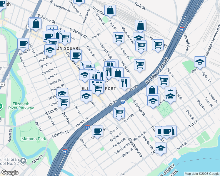 map of restaurants, bars, coffee shops, grocery stores, and more near 451 Franklin Street in Elizabeth