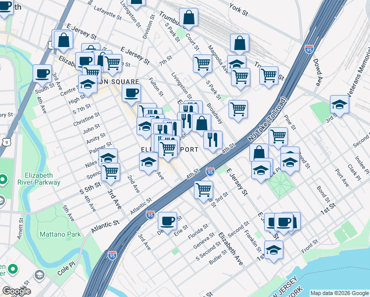 map of restaurants, bars, coffee shops, grocery stores, and more near 451 Franklin Street in Elizabeth