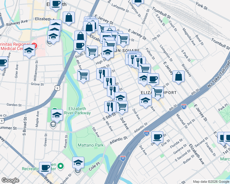 map of restaurants, bars, coffee shops, grocery stores, and more near 221 Palmer Street in Elizabeth