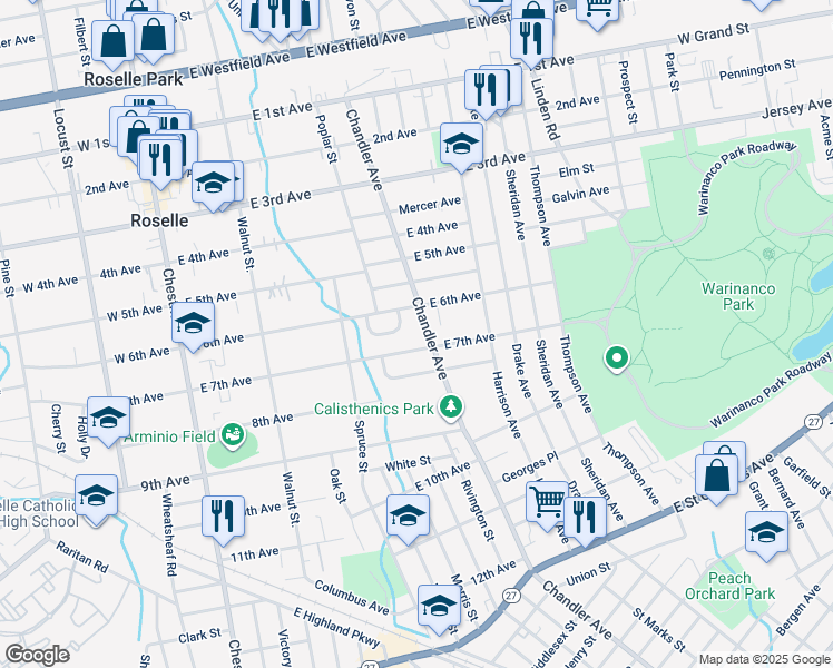 map of restaurants, bars, coffee shops, grocery stores, and more near 608 Chandler Avenue in Roselle