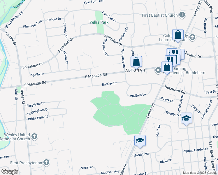 map of restaurants, bars, coffee shops, grocery stores, and more near 710 Barclay Drive in Bethlehem