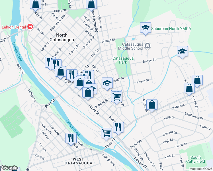 map of restaurants, bars, coffee shops, grocery stores, and more near 343 Howertown Road in Catasauqua