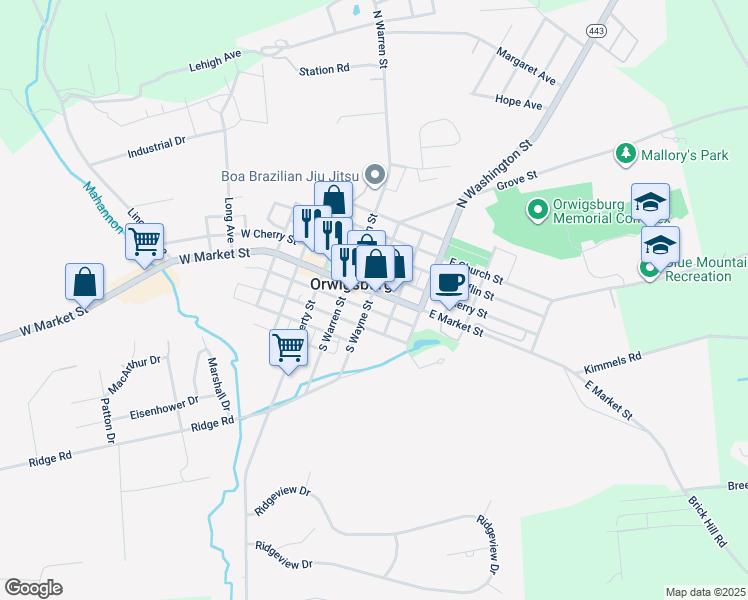 map of restaurants, bars, coffee shops, grocery stores, and more near 207 East Market Street in Orwigsburg