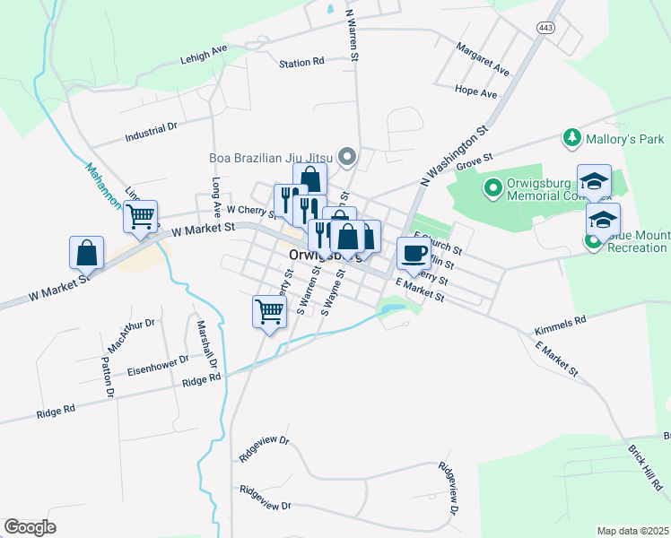 map of restaurants, bars, coffee shops, grocery stores, and more near in Orwigsburg