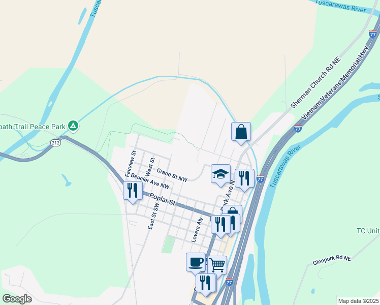 map of restaurants, bars, coffee shops, grocery stores, and more near 221 Poplar Street in Bolivar