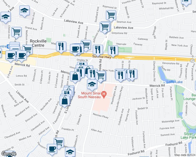 map of restaurants, bars, coffee shops, grocery stores, and more near 589 Merrick Road in Rockville Centre