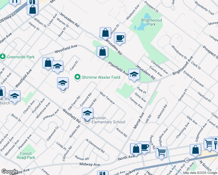 map of restaurants, bars, coffee shops, grocery stores, and more near 2346 Redwood Road in Scotch Plains