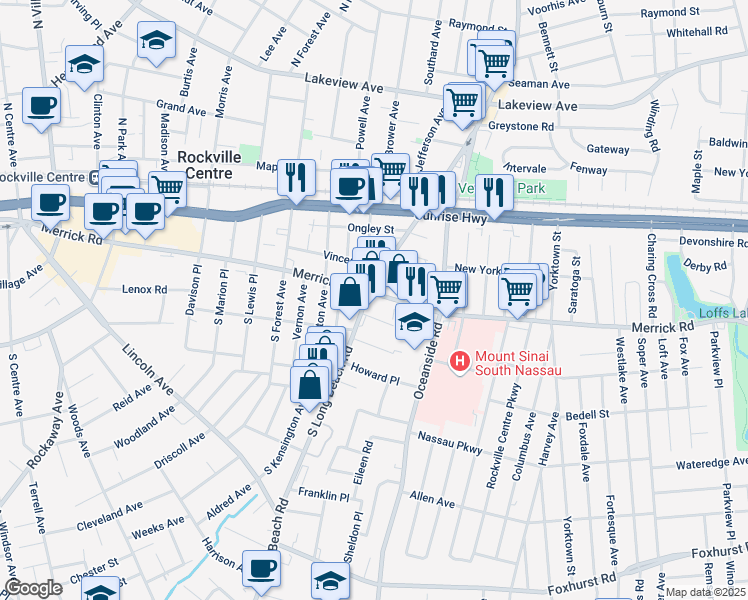 map of restaurants, bars, coffee shops, grocery stores, and more near 555 Merrick Road in Rockville Centre
