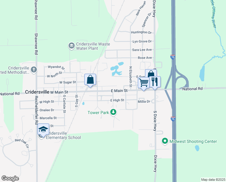 map of restaurants, bars, coffee shops, grocery stores, and more near 300 East Main Street in Cridersville