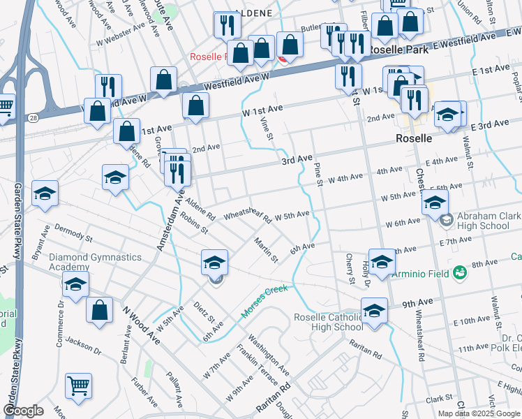 map of restaurants, bars, coffee shops, grocery stores, and more near 440 Wheatsheaf Road in Roselle